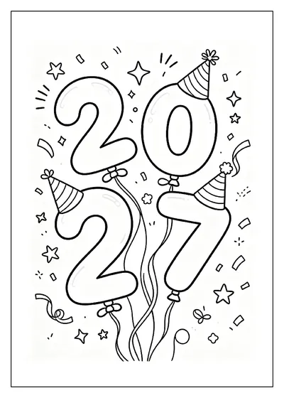 2027 Balloon Numbers with Ribbons coloring page