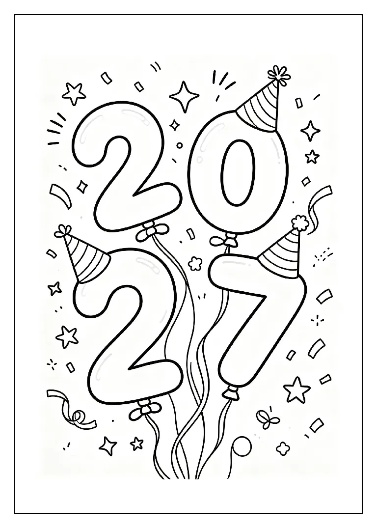 2027 Balloon Numbers with Ribbons coloring page, black outline drawing ready to print