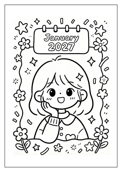 2027 Calendar Page with Doodle Borders coloring page
