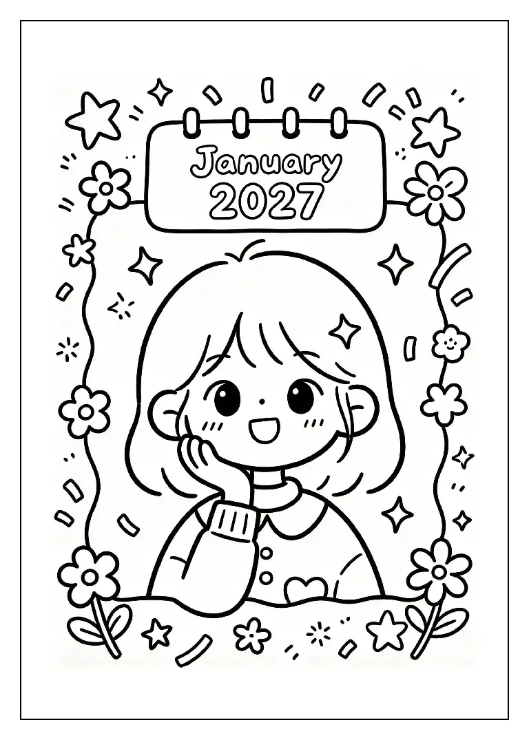 2027 Calendar Page with Doodle Borders coloring page, black outline drawing ready to print