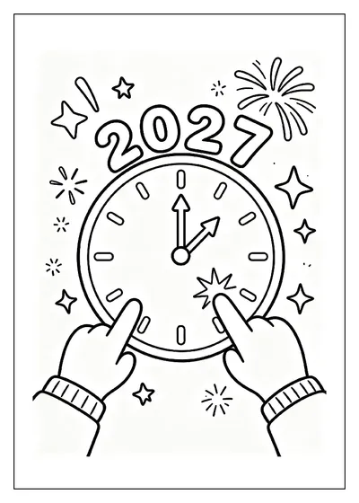 2027 Clock Face with Sparkling Hands coloring page