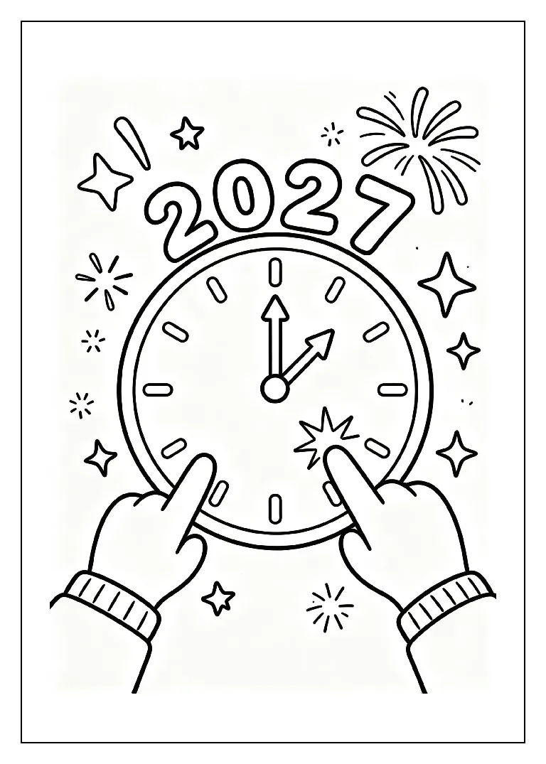 2027 Clock Face with Sparkling Hands coloring page, black outline drawing ready to print