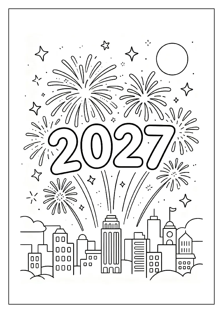 2027 Fireworks Lighting the Night Sky coloring page, black outline drawing ready to print