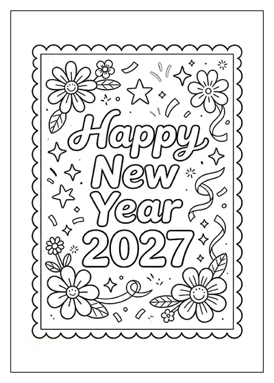 Happy New Year 2027 Greeting Card coloring page
