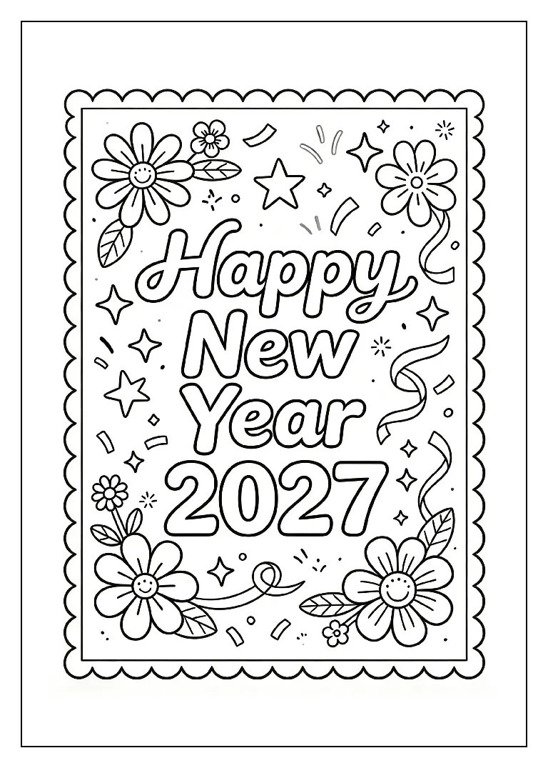 Happy New Year 2027 Greeting Card coloring page, black outline drawing ready to print