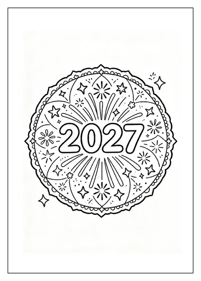 2027 Mandala with Stars and Fireworks coloring page