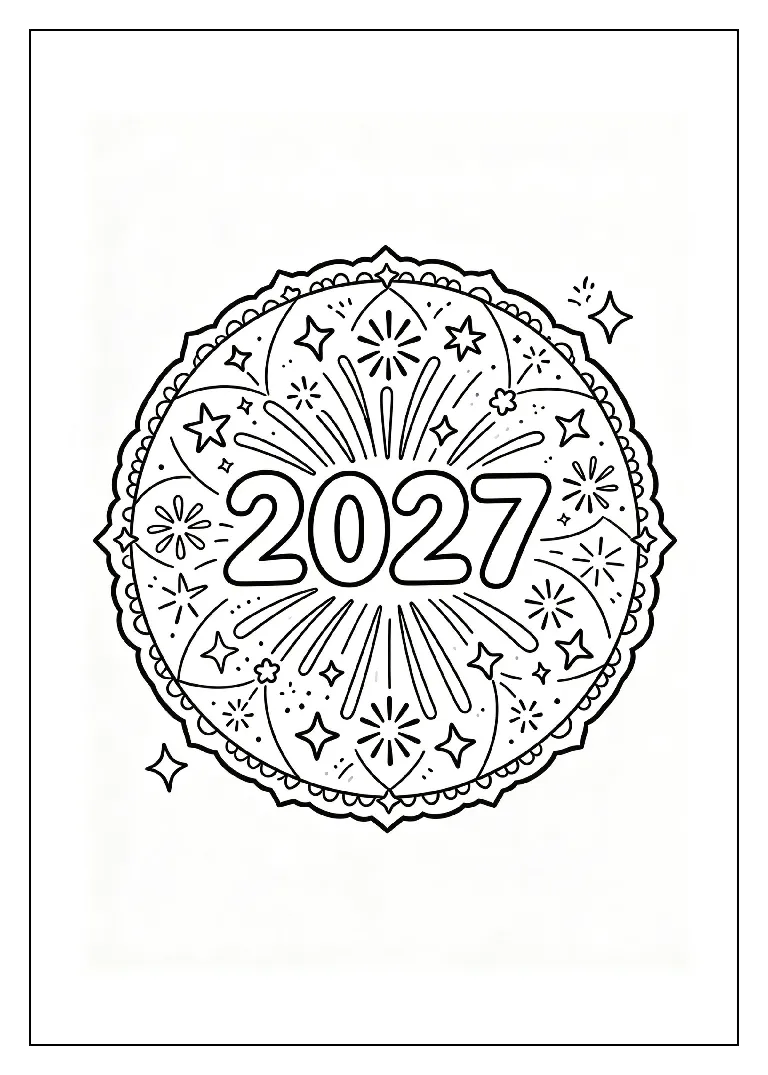 2027 Mandala with Stars and Fireworks coloring page, black outline drawing ready to print