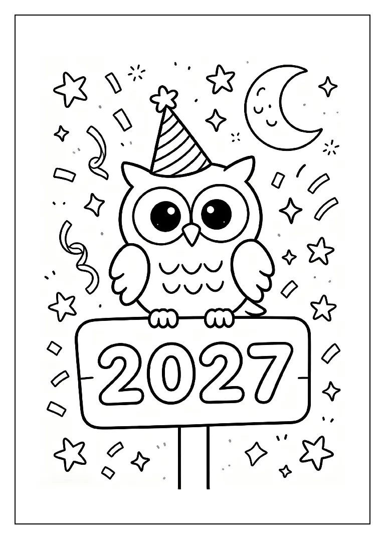 Owl Perched on a 2027 Sign coloring page, black outline drawing ready to print