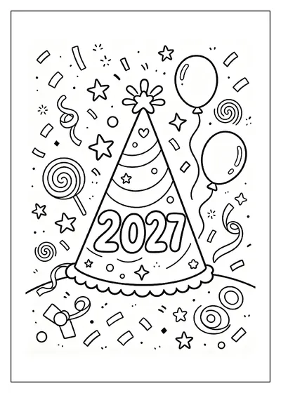 2027 Party Hat and Confetti Pattern coloring page