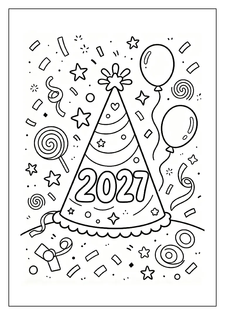 2027 Party Hat and Confetti Pattern coloring page, black outline drawing ready to print
