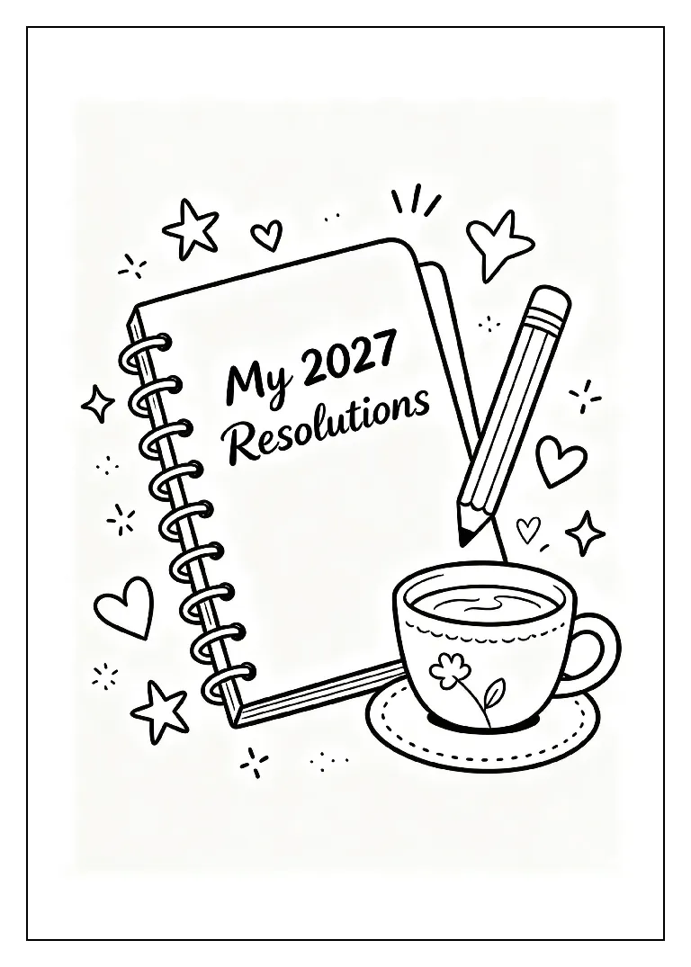 2027 Resolutions Notebook with Pencil coloring page, black outline drawing ready to print