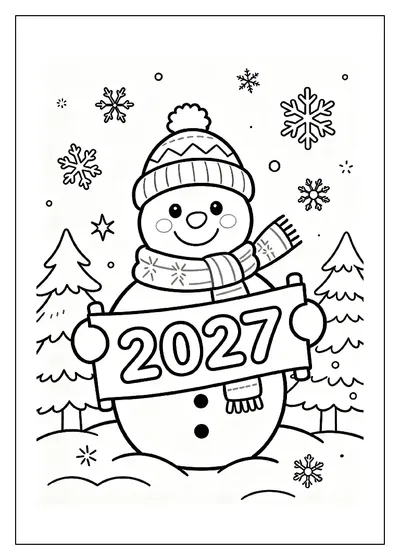 Snowman Holding a 2027 Banner coloring page