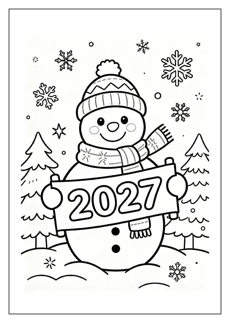 Snowman Holding a 2027 Banner coloring page, black outline drawing ready to print