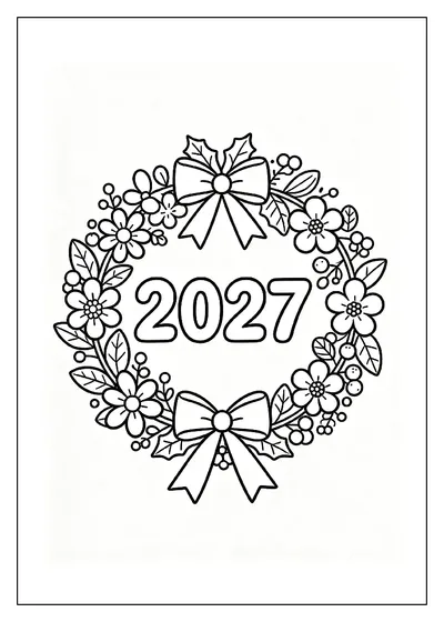 2027 Wreath with Flowers and Leaves coloring page