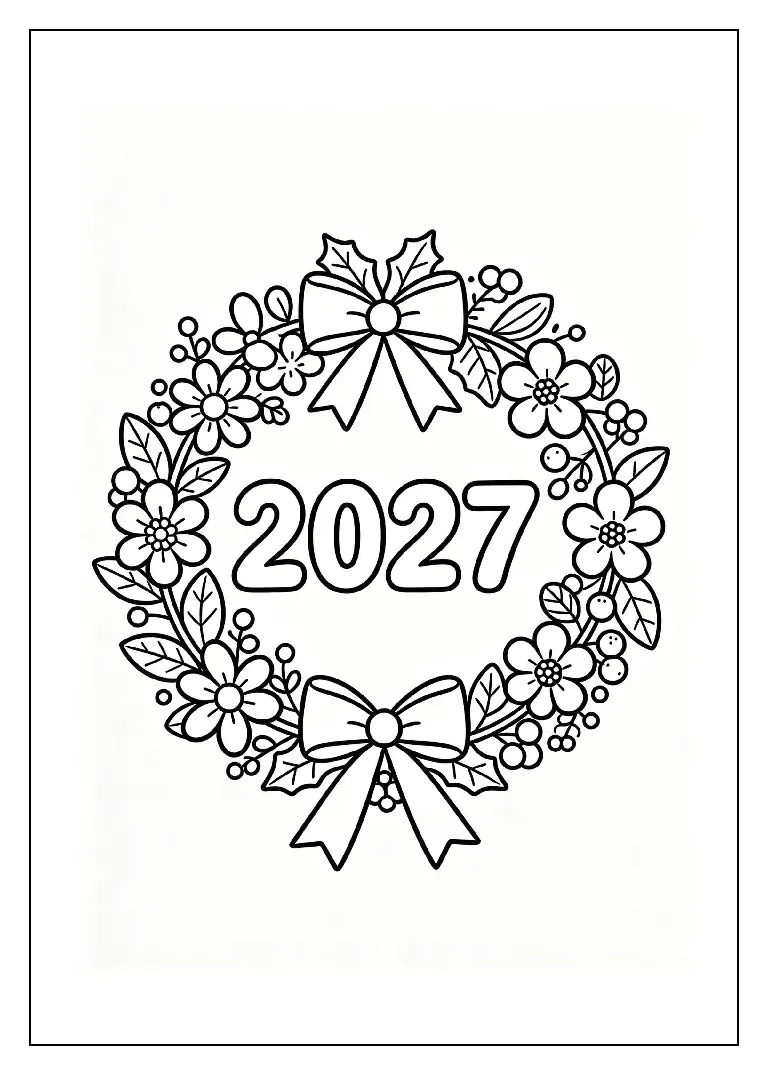 2027 Wreath with Flowers and Leaves coloring page, black outline drawing ready to print