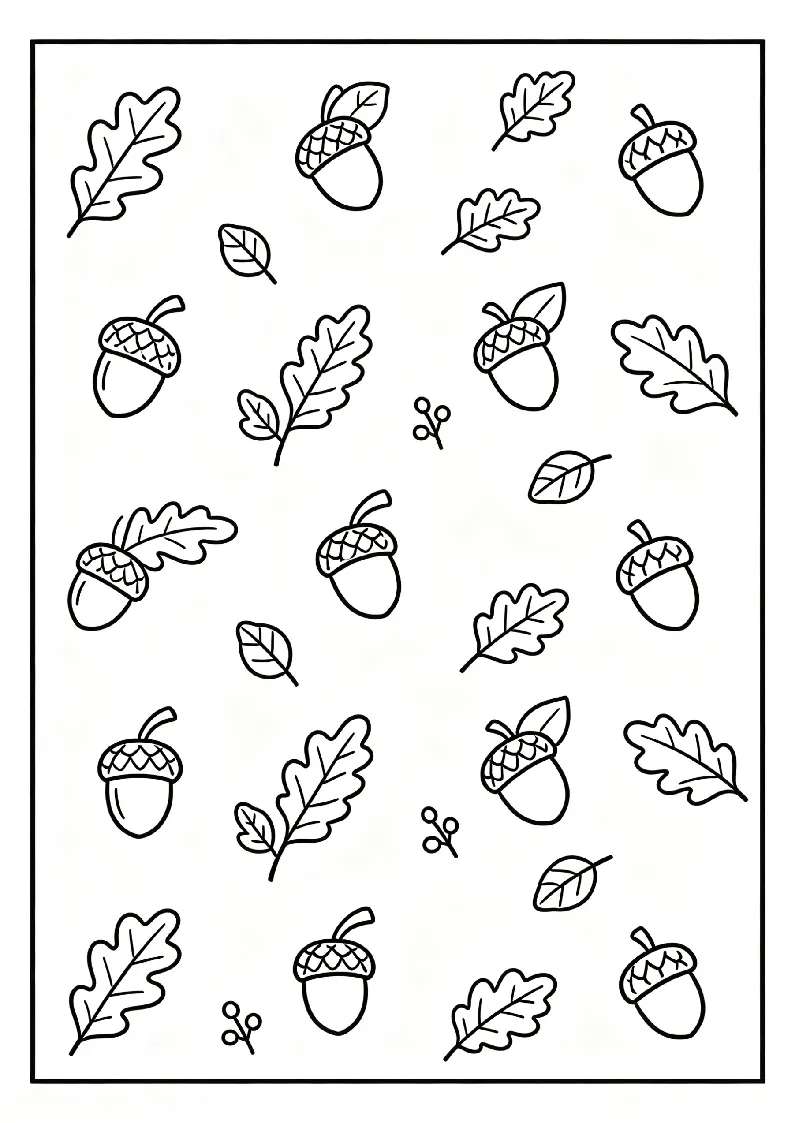 Acorns and Oak Leaves Pattern coloring page, black outline drawing ready to print