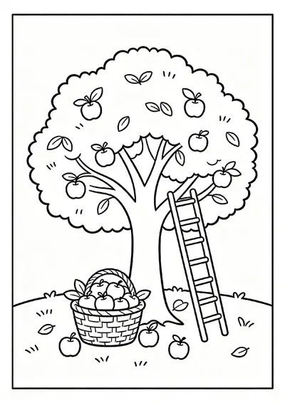 Apple Orchard Basket and Ladder coloring page