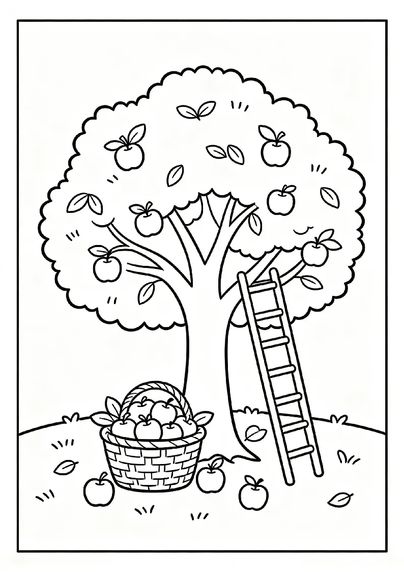 Apple Orchard Basket and Ladder coloring page, black outline drawing ready to print
