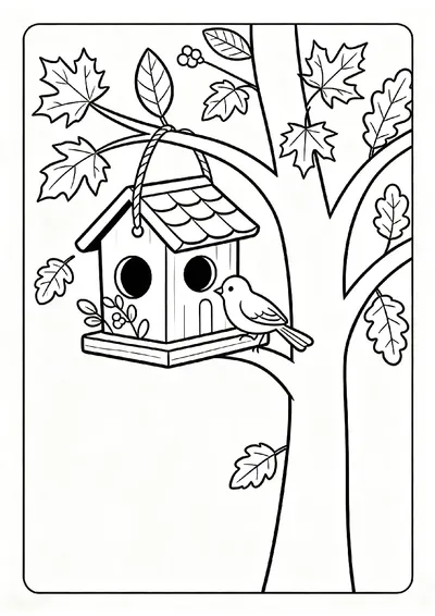Birdhouse in a Colorful Autumn Tree coloring page