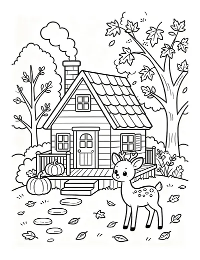 Cozy Cabin With Pumpkins and a Fawn coloring page