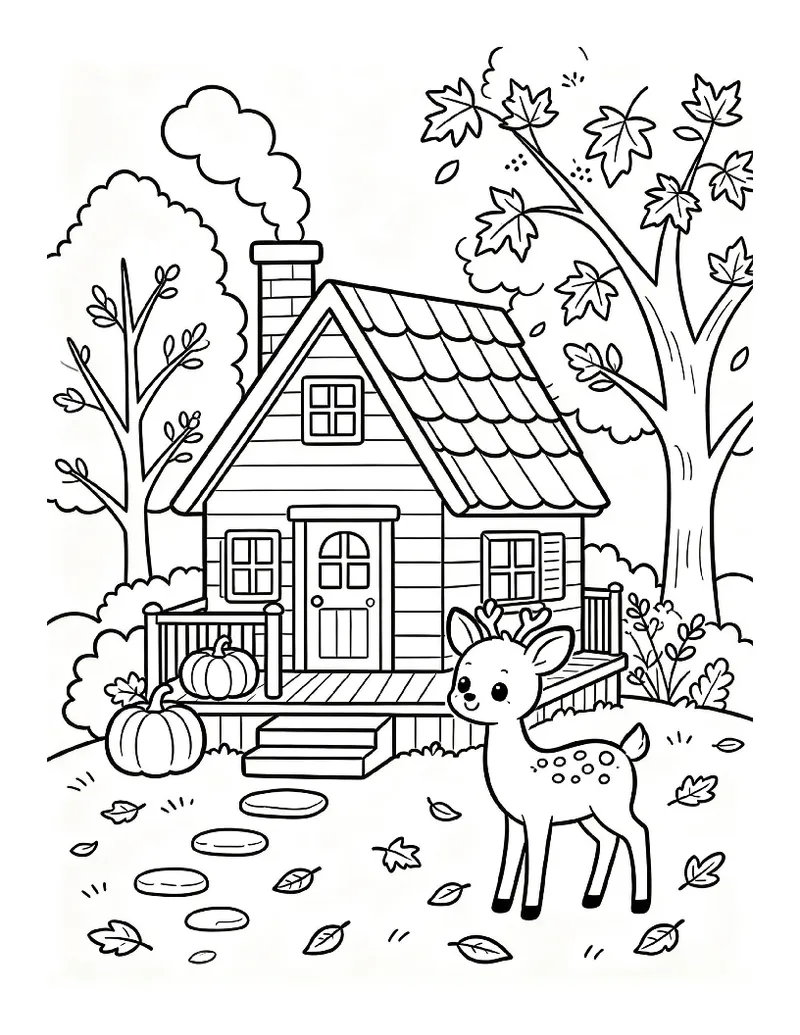 Cozy Cabin With Pumpkins and a Fawn coloring page, black outline drawing ready to print