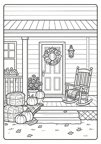 Cozy Fall Porch with Pumpkins and Mums coloring page