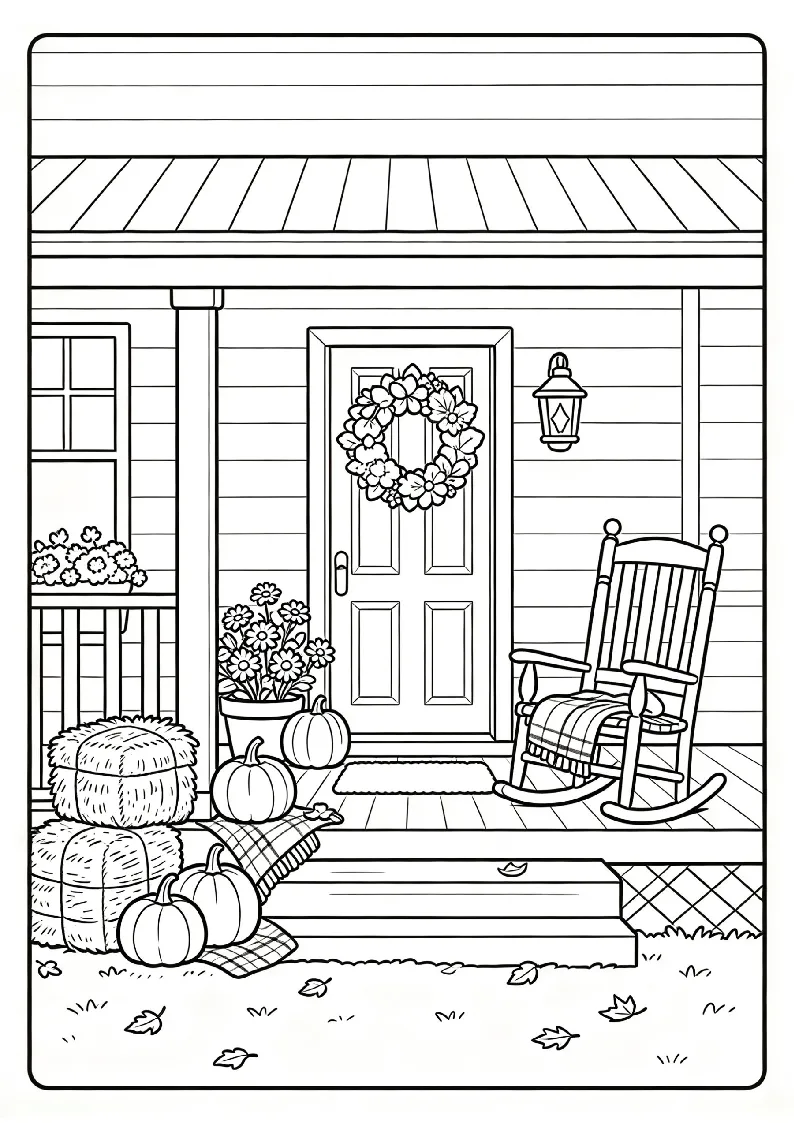 Cozy Fall Porch with Pumpkins and Mums coloring page, black outline drawing ready to print