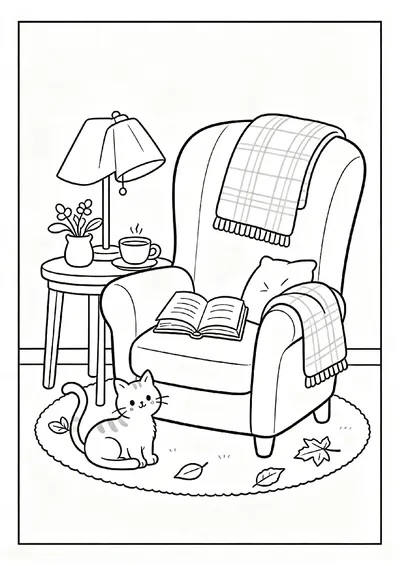 Cozy Reading Chair with Blanket and Tea coloring page