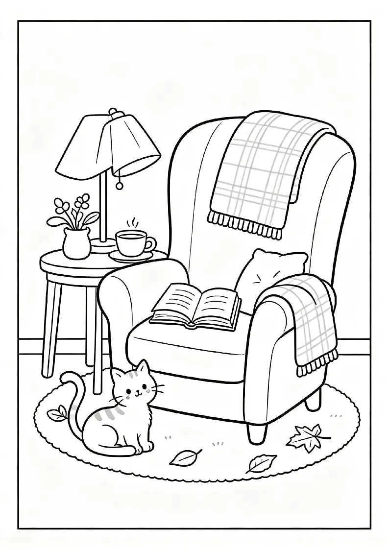 Cozy Reading Chair with Blanket and Tea coloring page, black outline drawing ready to print