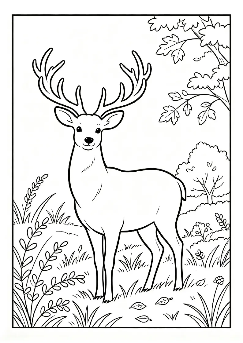 Deer Standing in an Autumn Meadow coloring page, black outline drawing ready to print