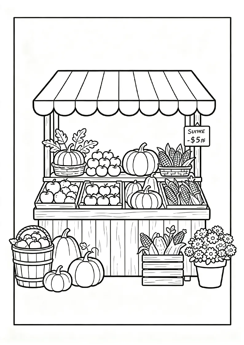 Fall Farmers Market Stand coloring page, black outline drawing ready to print