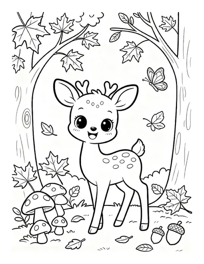 Baby Fawn in an Autumn Forest With a Butterfly coloring page