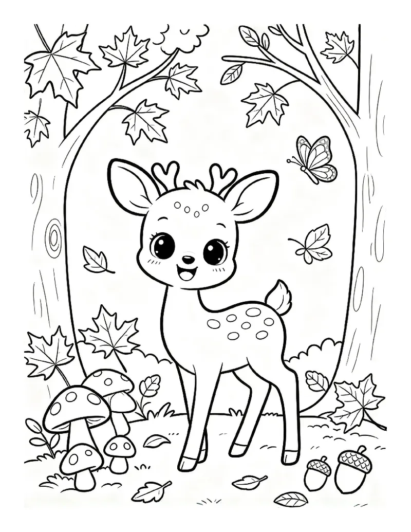 Baby Fawn in an Autumn Forest With a Butterfly coloring page, black outline drawing ready to print