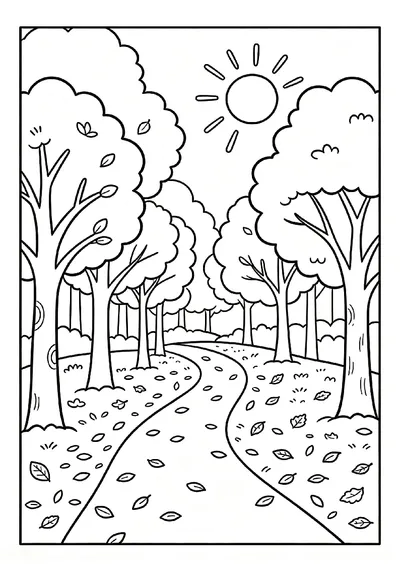 Autumn Forest Path with Golden Trees coloring page