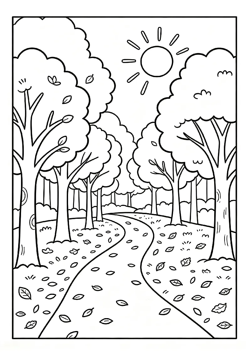 Autumn Forest Path with Golden Trees coloring page, black outline drawing ready to print