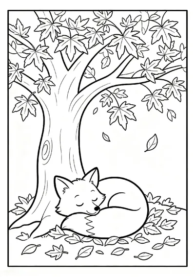 Fox Curled Up Under a Red Tree coloring page