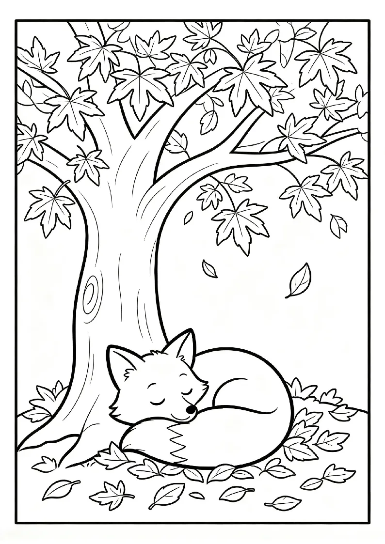 Fox Curled Up Under a Red Tree coloring page, black outline drawing ready to print