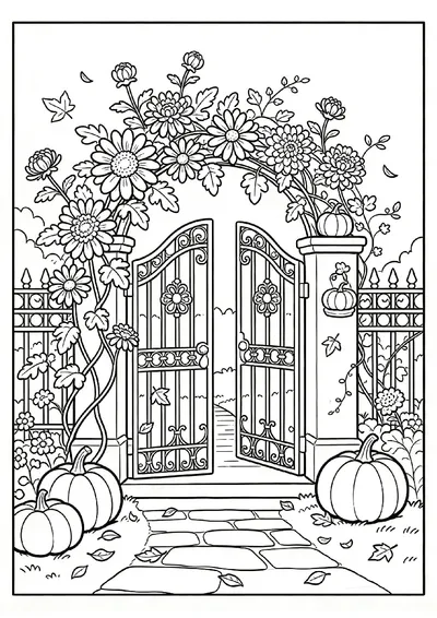 Fall Garden Gate with Chrysanthemums coloring page