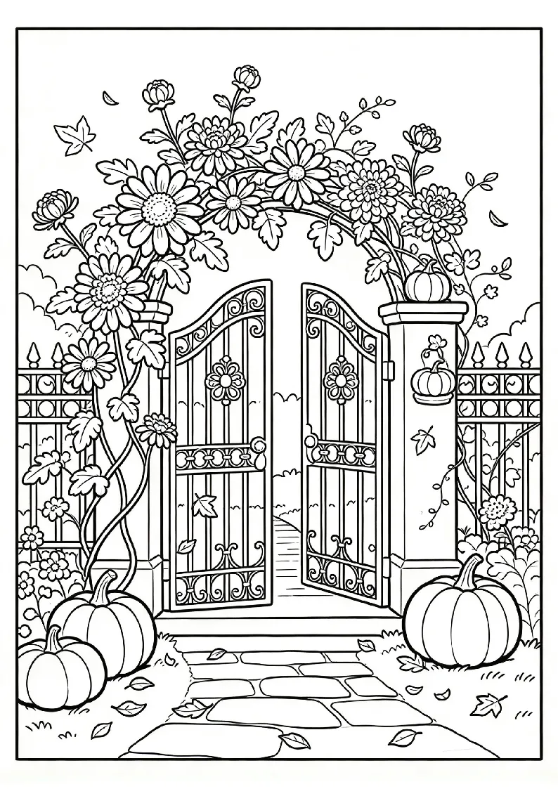 Fall Garden Gate with Chrysanthemums coloring page, black outline drawing ready to print