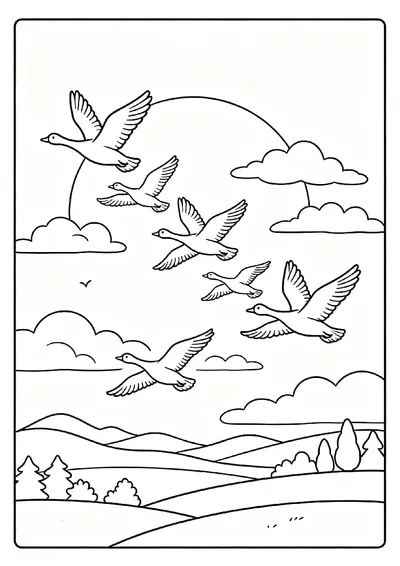 Geese Flying South at Sunset coloring page