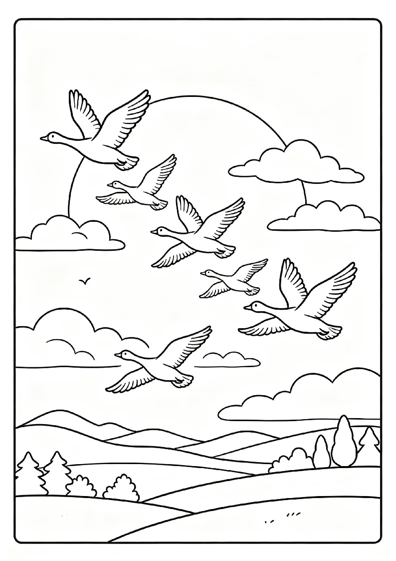 Geese Flying South at Sunset coloring page, black outline drawing ready to print