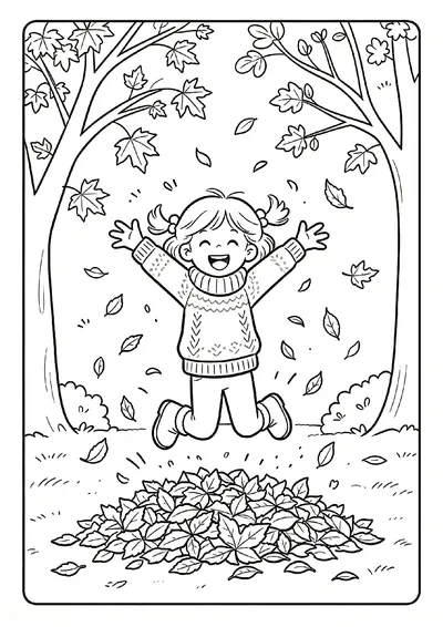 Girl Jumping in a Pile of Leaves coloring page