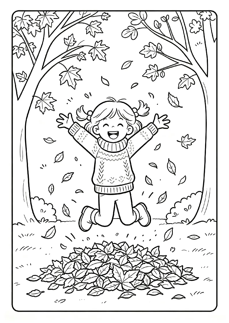 Girl Jumping in a Pile of Leaves coloring page, black outline drawing ready to print