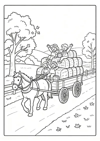 Hay Wagon Ride Through the Countryside coloring page