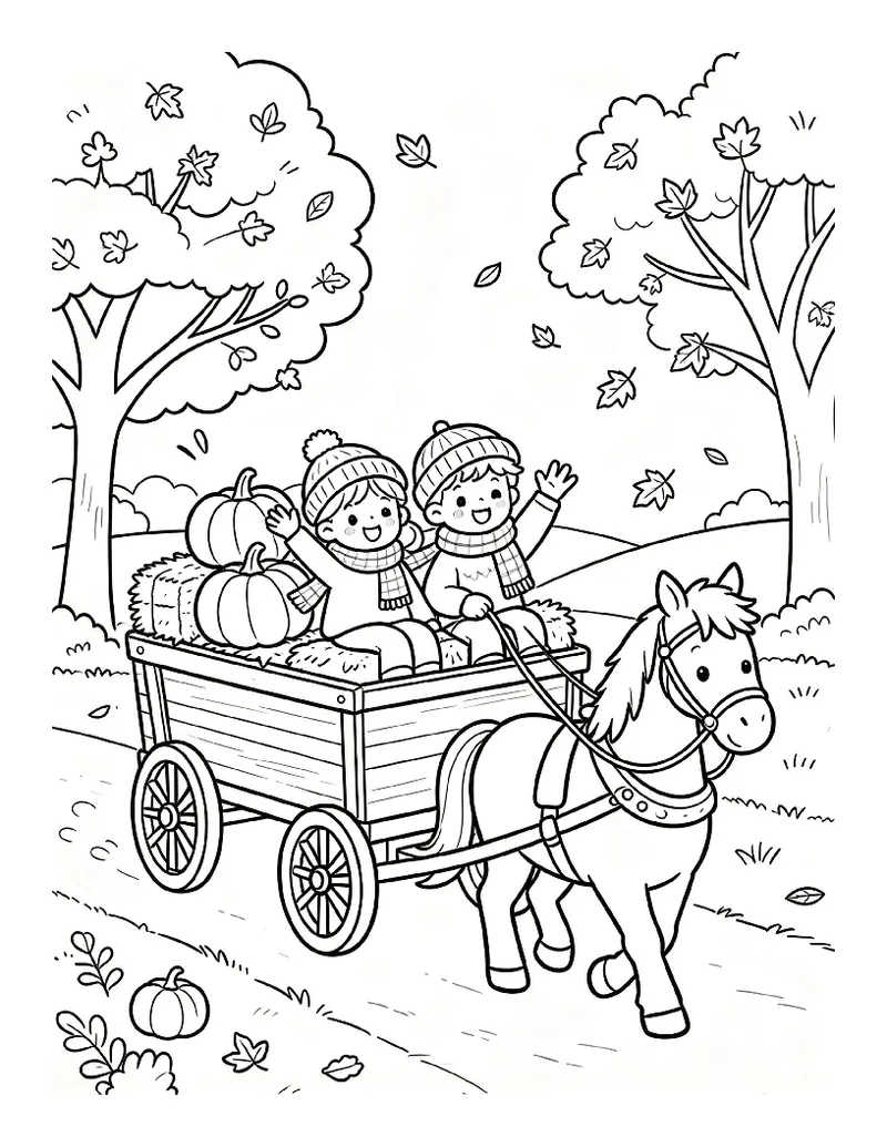 Hayride Wagon Full of Pumpkins coloring page, black outline drawing ready to print