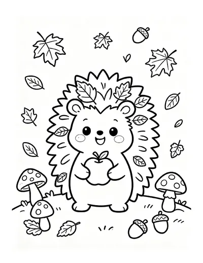 Hedgehog with Autumn Leaves and Apple coloring page