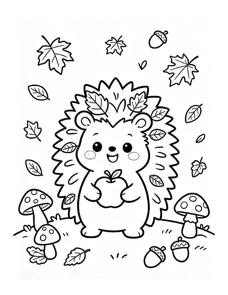 Hedgehog with Autumn Leaves and Apple coloring page, black outline drawing ready to print