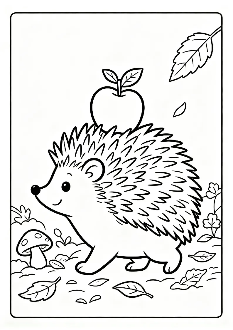 Hedgehog Carrying a Fall Apple coloring page, black outline drawing ready to print