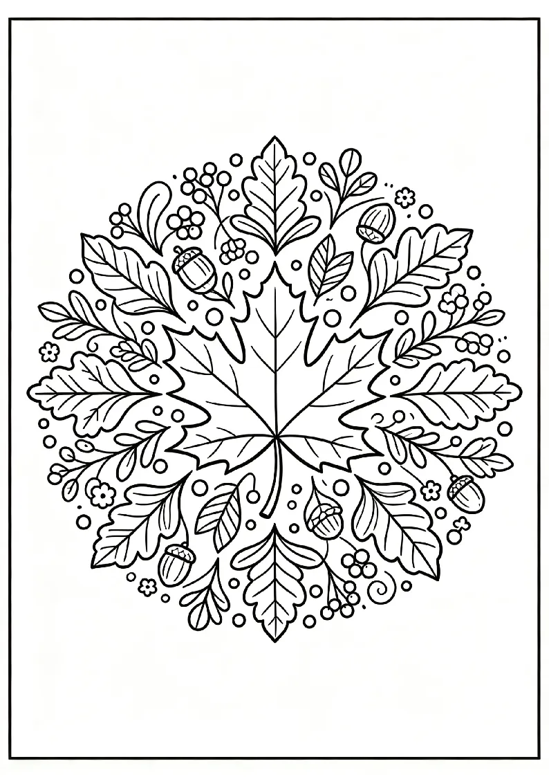 Autumn Leaf Mandala coloring page, black outline drawing ready to print