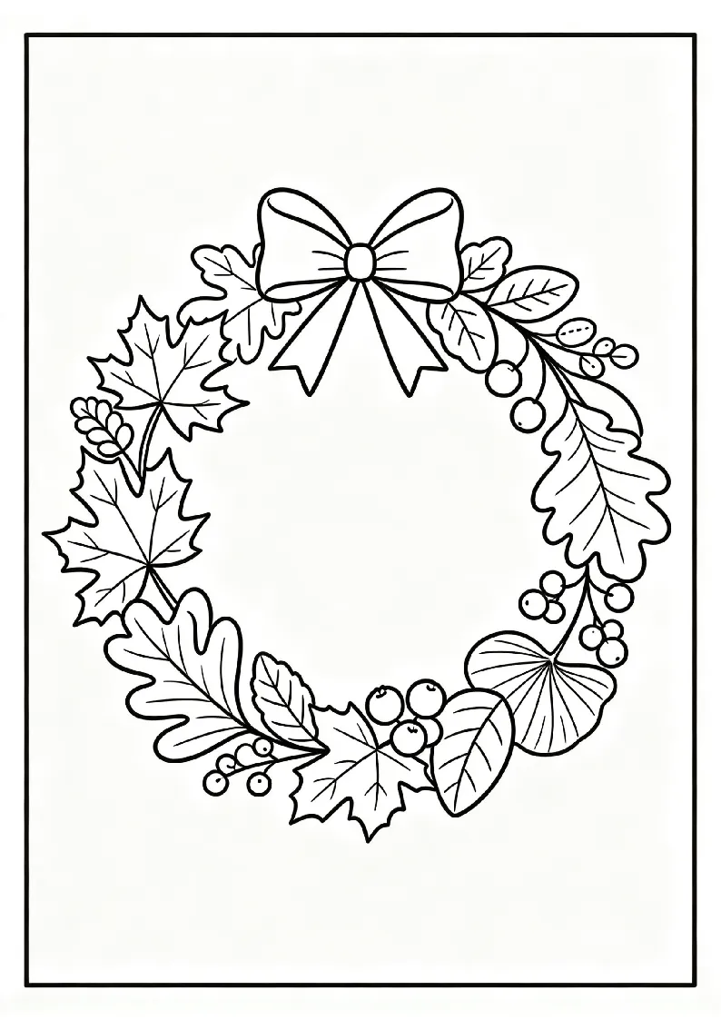 Autumn Leaf Wreath with Berries coloring page, black outline drawing ready to print